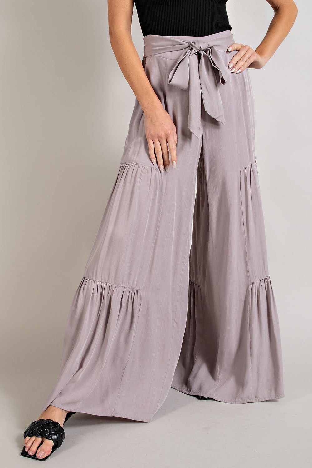 Tiered Wide Leg Pants - Soft Grey