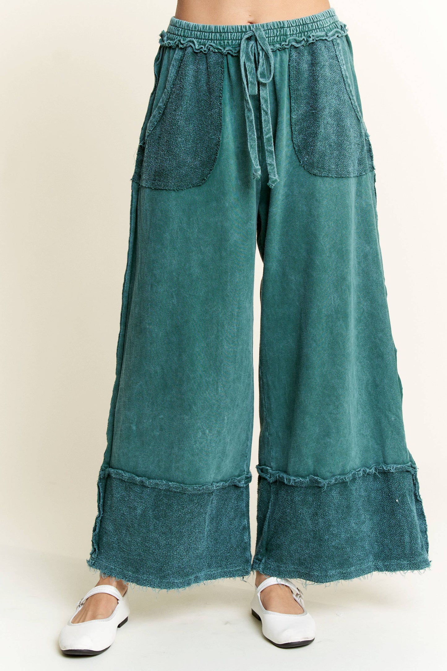 Mineral Wash Wide Pants with Raw Hem - Midnight Green