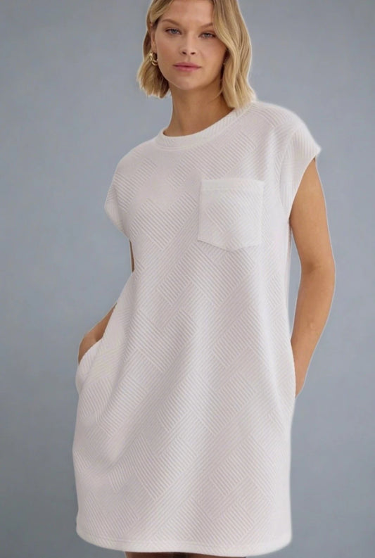 Textured Round Neck Sleeveless Mini Dress - Off White