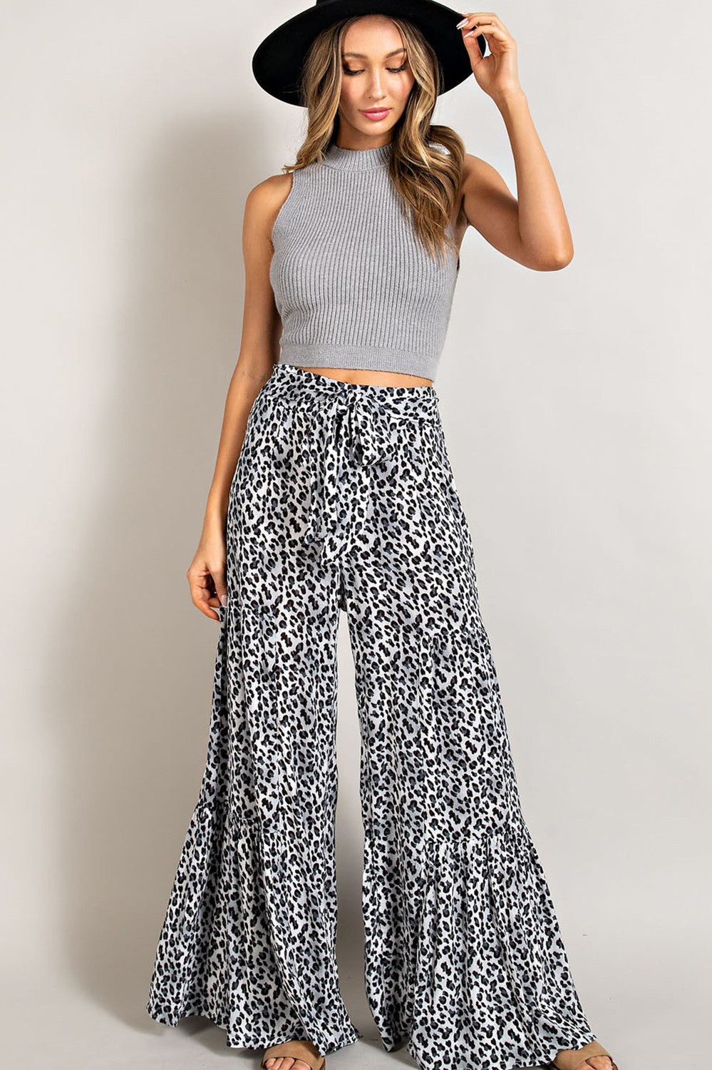 Animal Print Tiered Wide Leg Pants - Grey Leopard