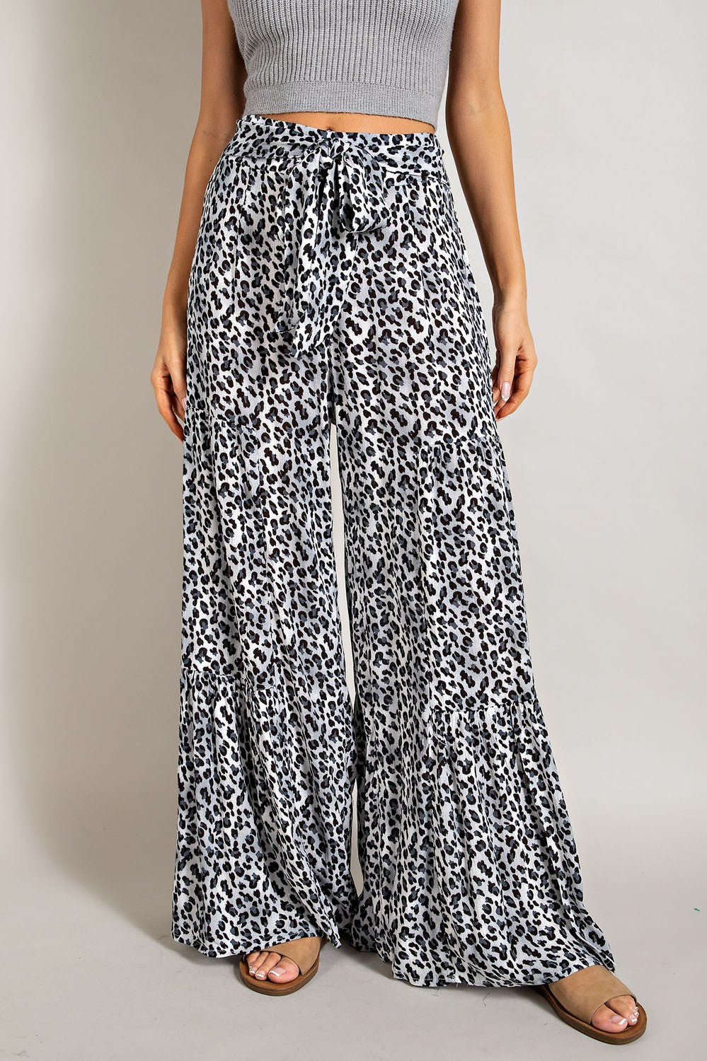 Animal Print Tiered Wide Leg Pants - Grey Leopard