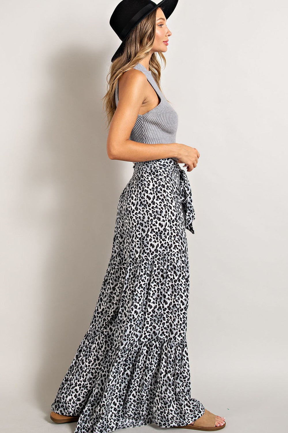 Animal Print Tiered Wide Leg Pants - Grey Leopard