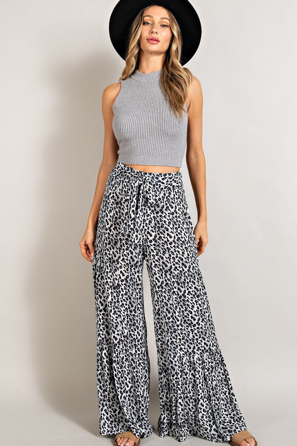 Animal Print Tiered Wide Leg Pants - Grey Leopard