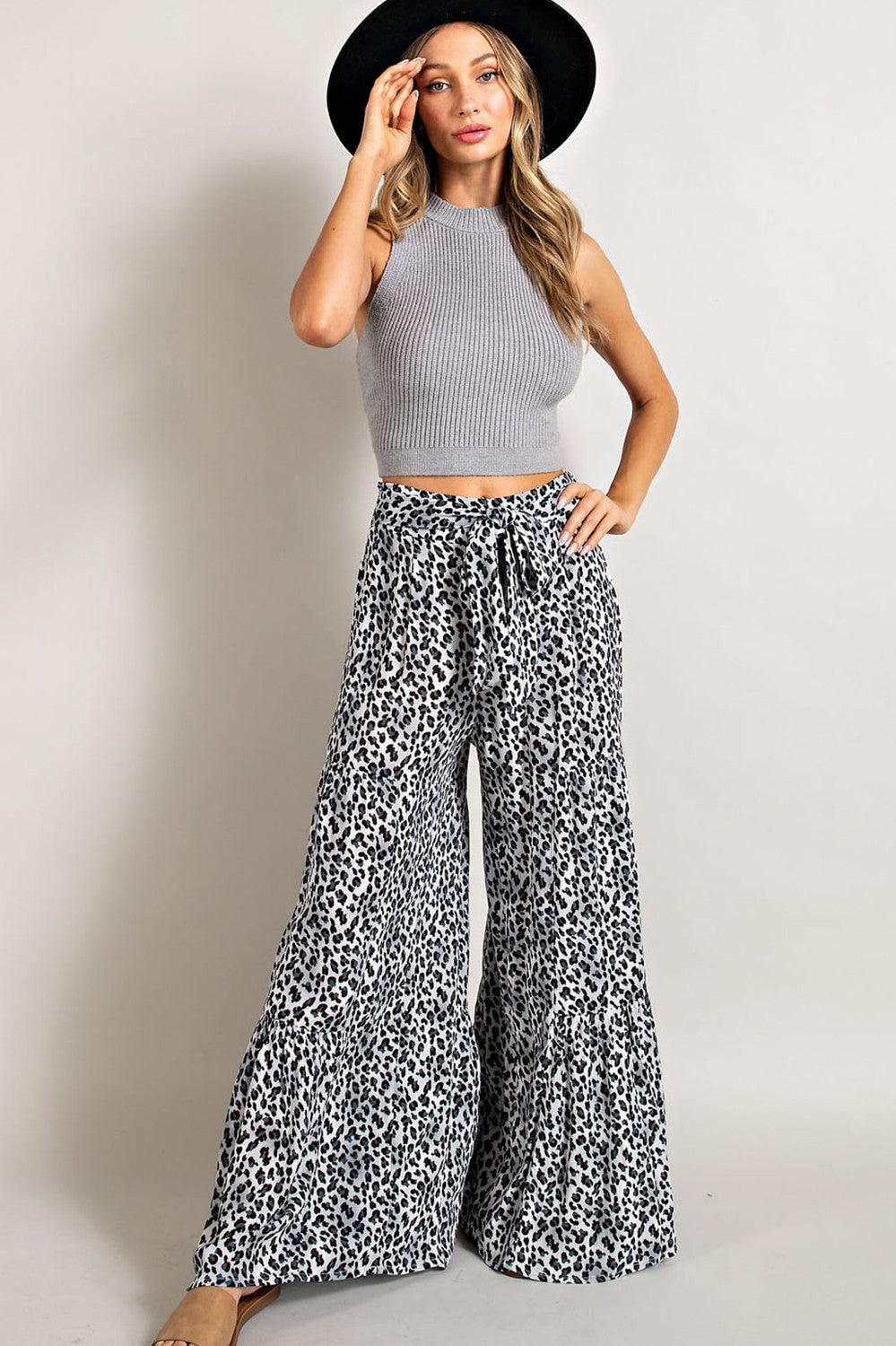 Animal Print Tiered Wide Leg Pants - Grey Leopard