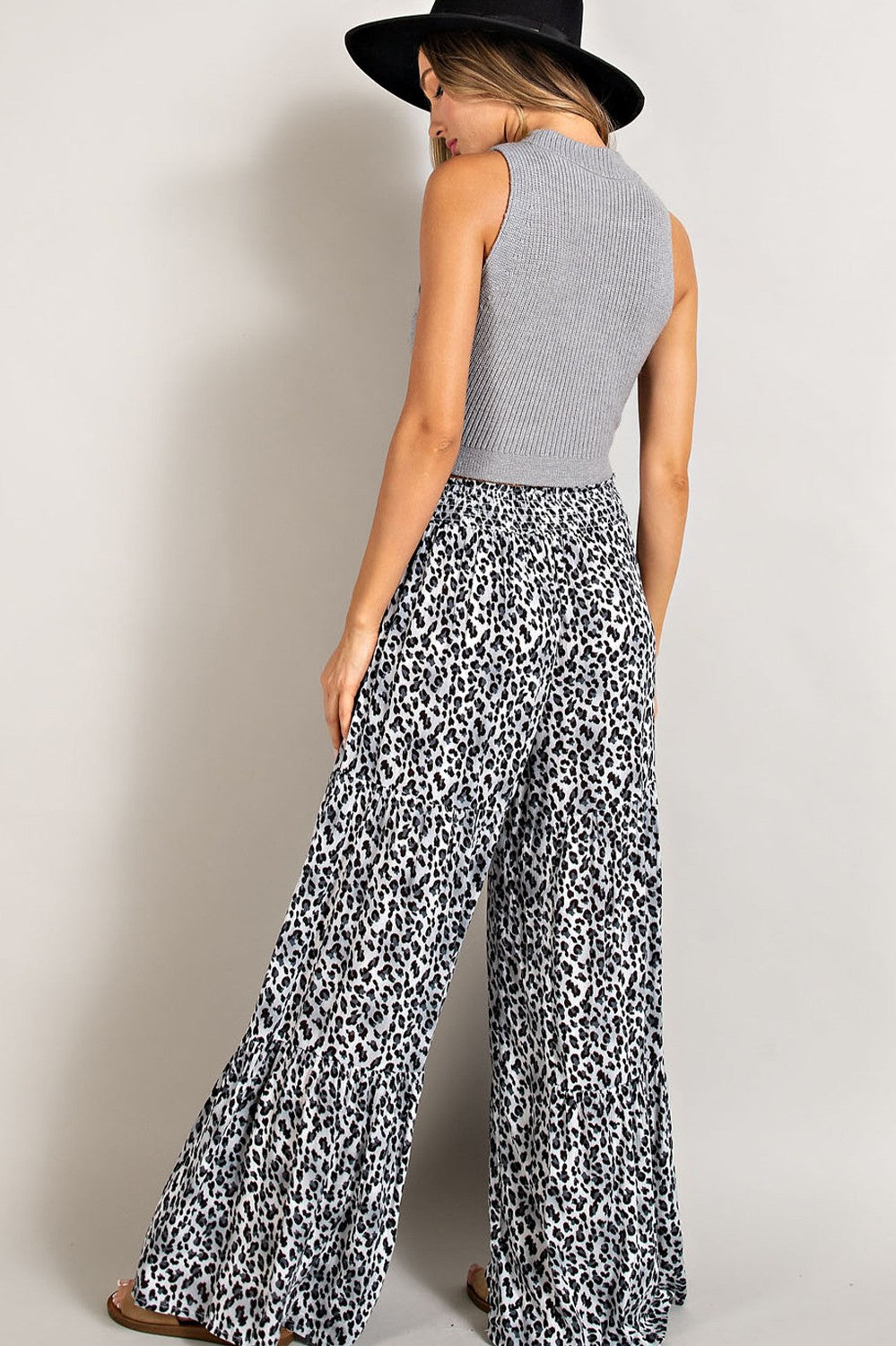 Animal Print Tiered Wide Leg Pants - Grey Leopard