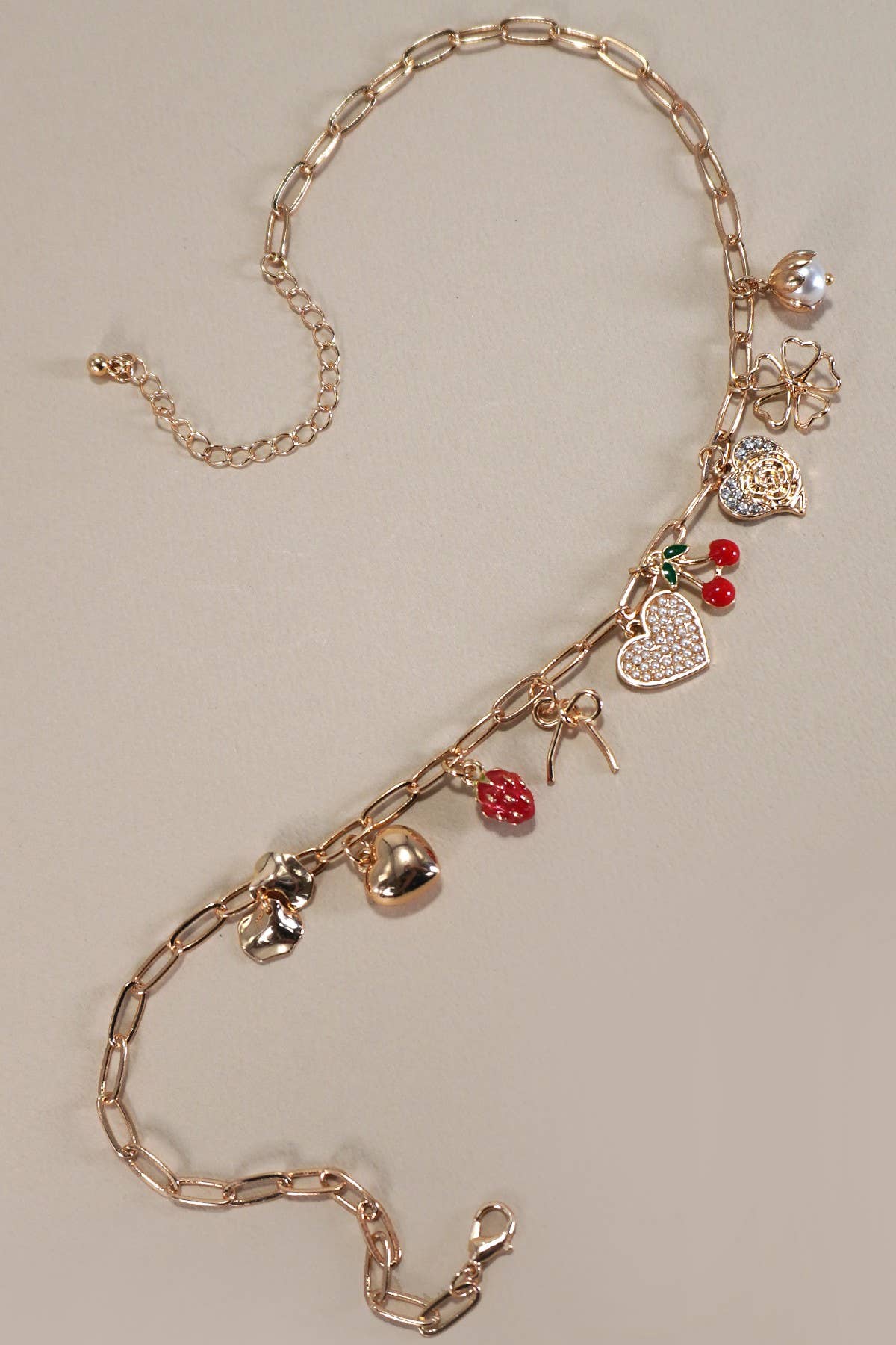 Multi Charm Bow Cherry Heart Necklace