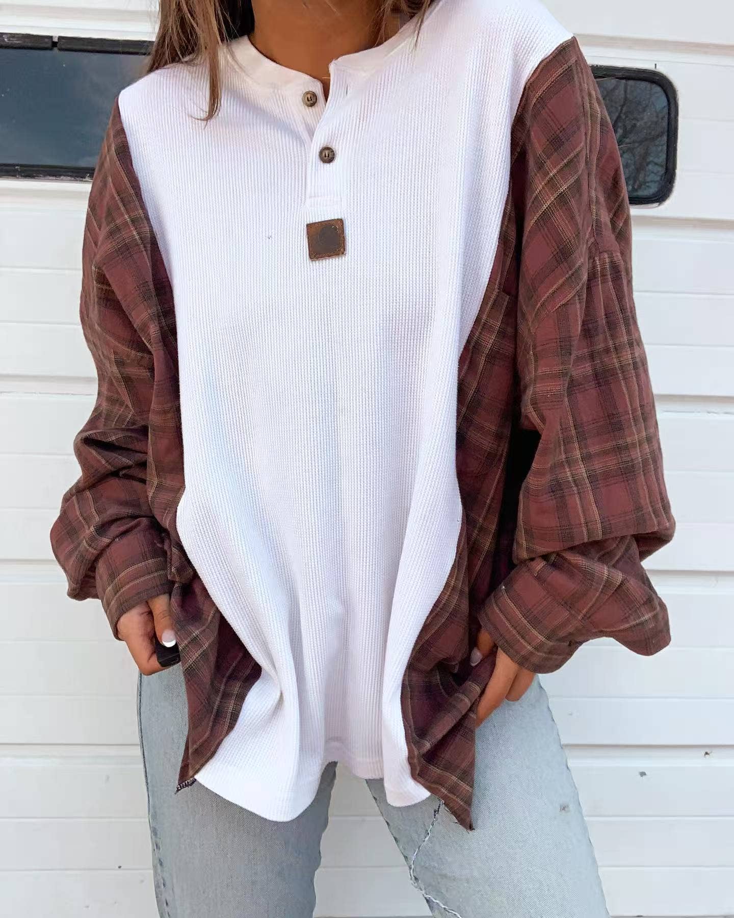 Western Brown Plaid Patchwork Pullover