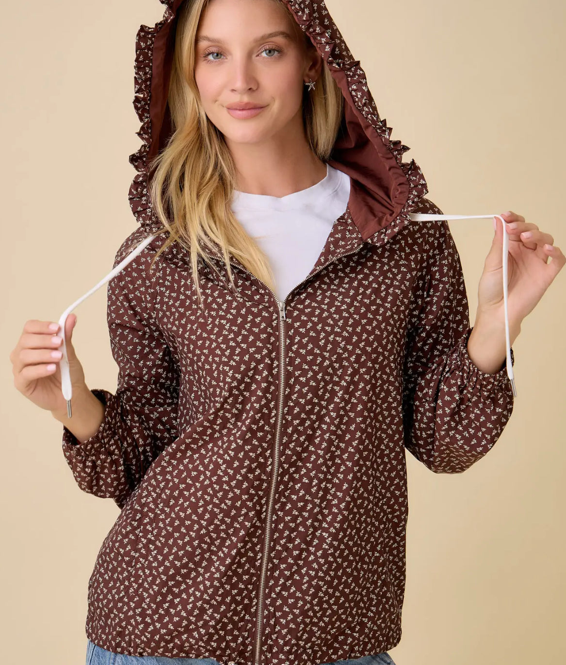 Floral Ruffle Hooded Jacket- Lightweight Windbreak