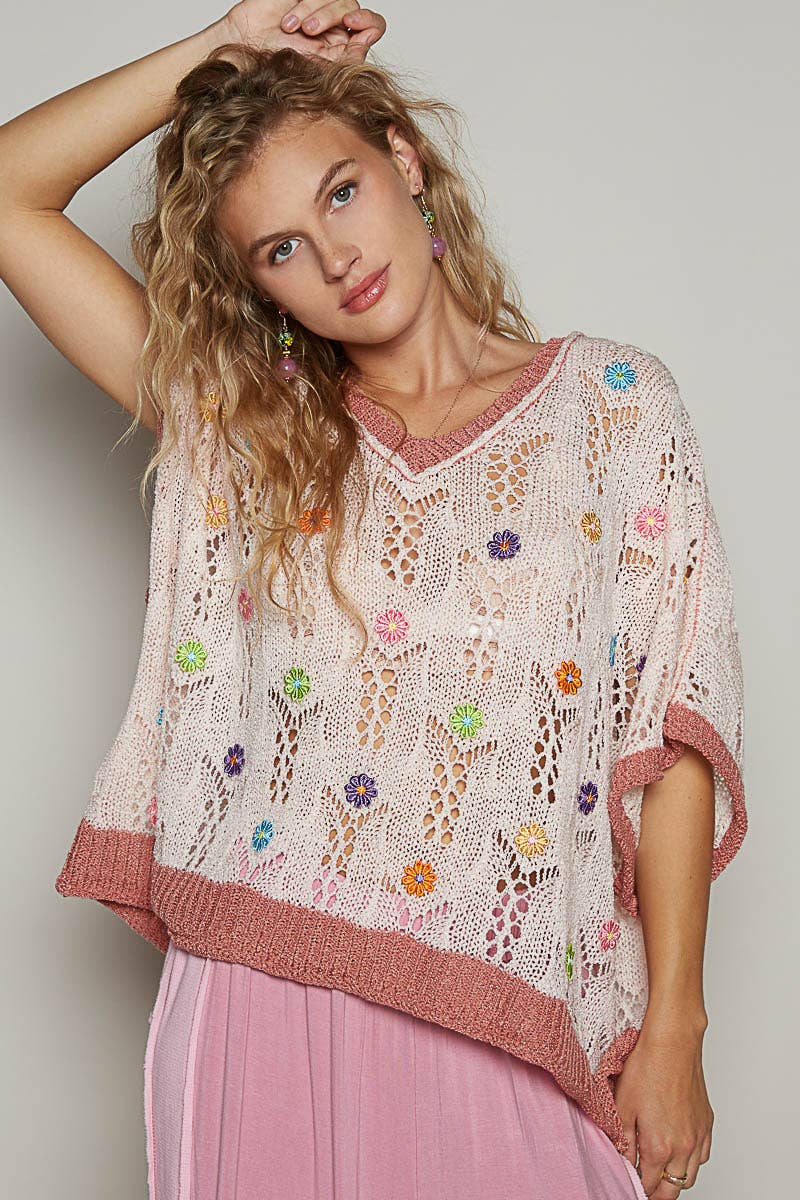 V-neck Sleeveless Flower Thin Sweater Top