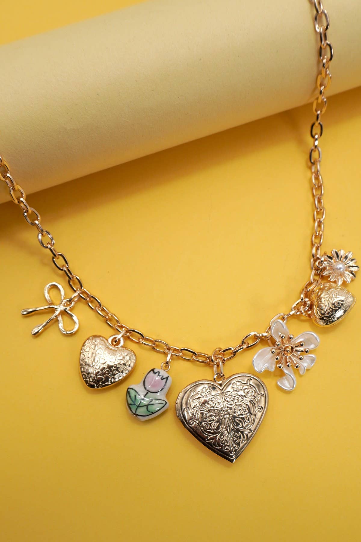 Charm Necklace - Heart Locket Porcelain Flower Bow
