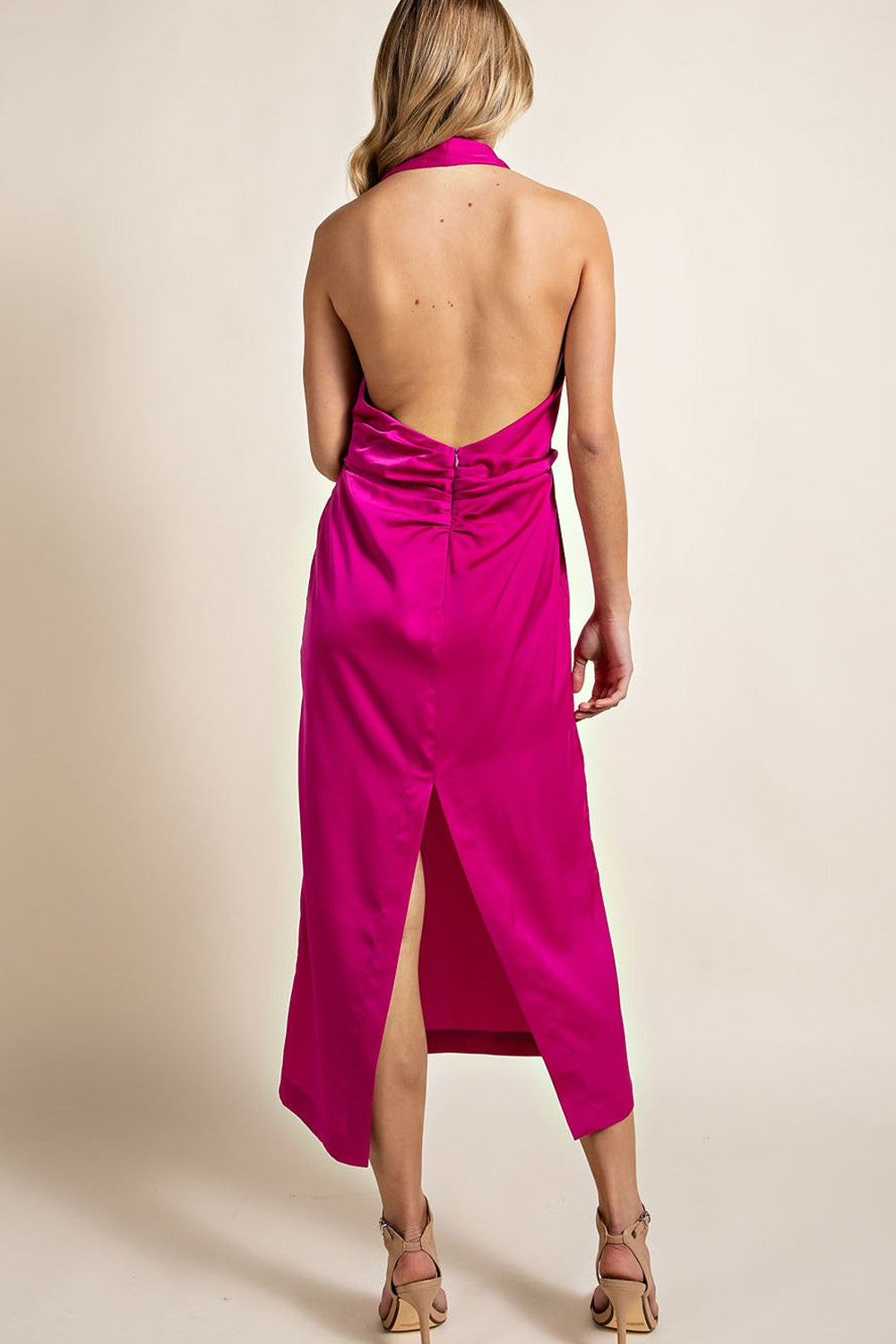 Satin Open Back Sleeveless Maxi Dress - Hot Pink