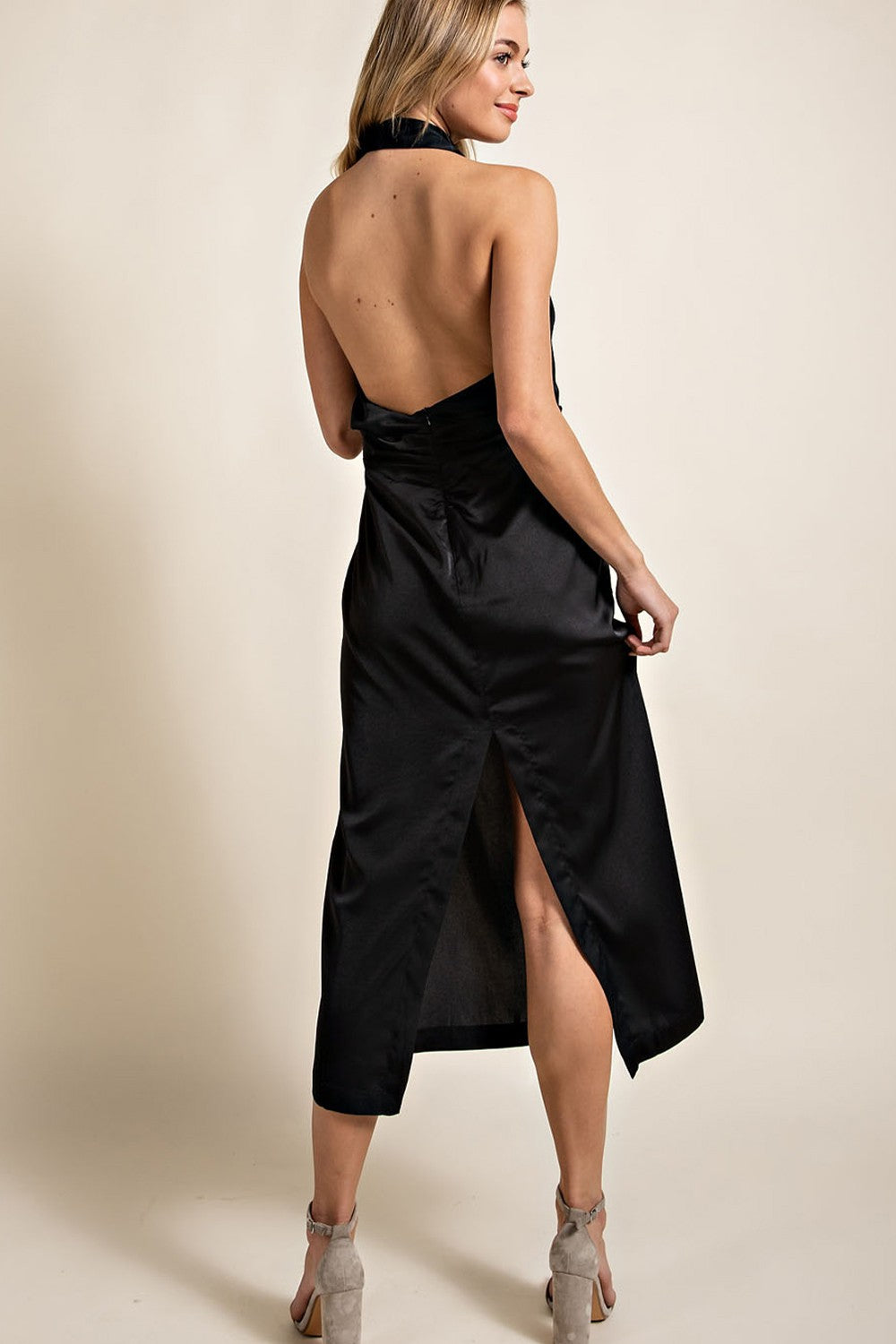 Satin Open Back Sleeveless Maxi Dress - Black