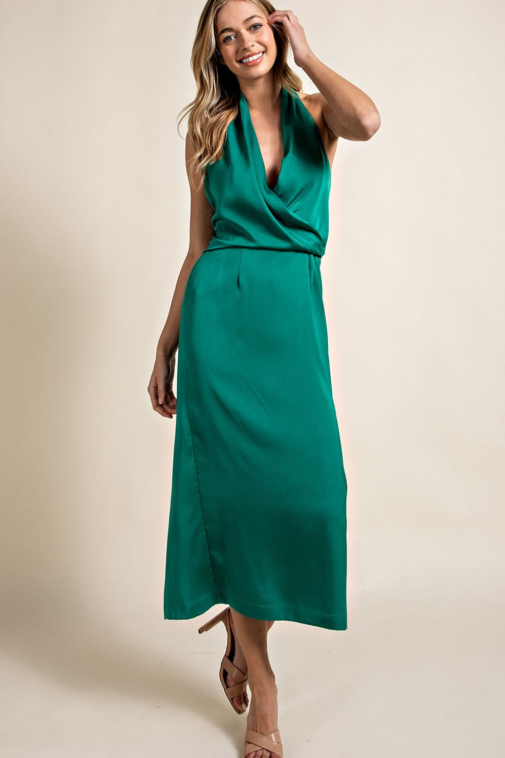 Satin Open Back Sleeveless Maxi Dress - Green