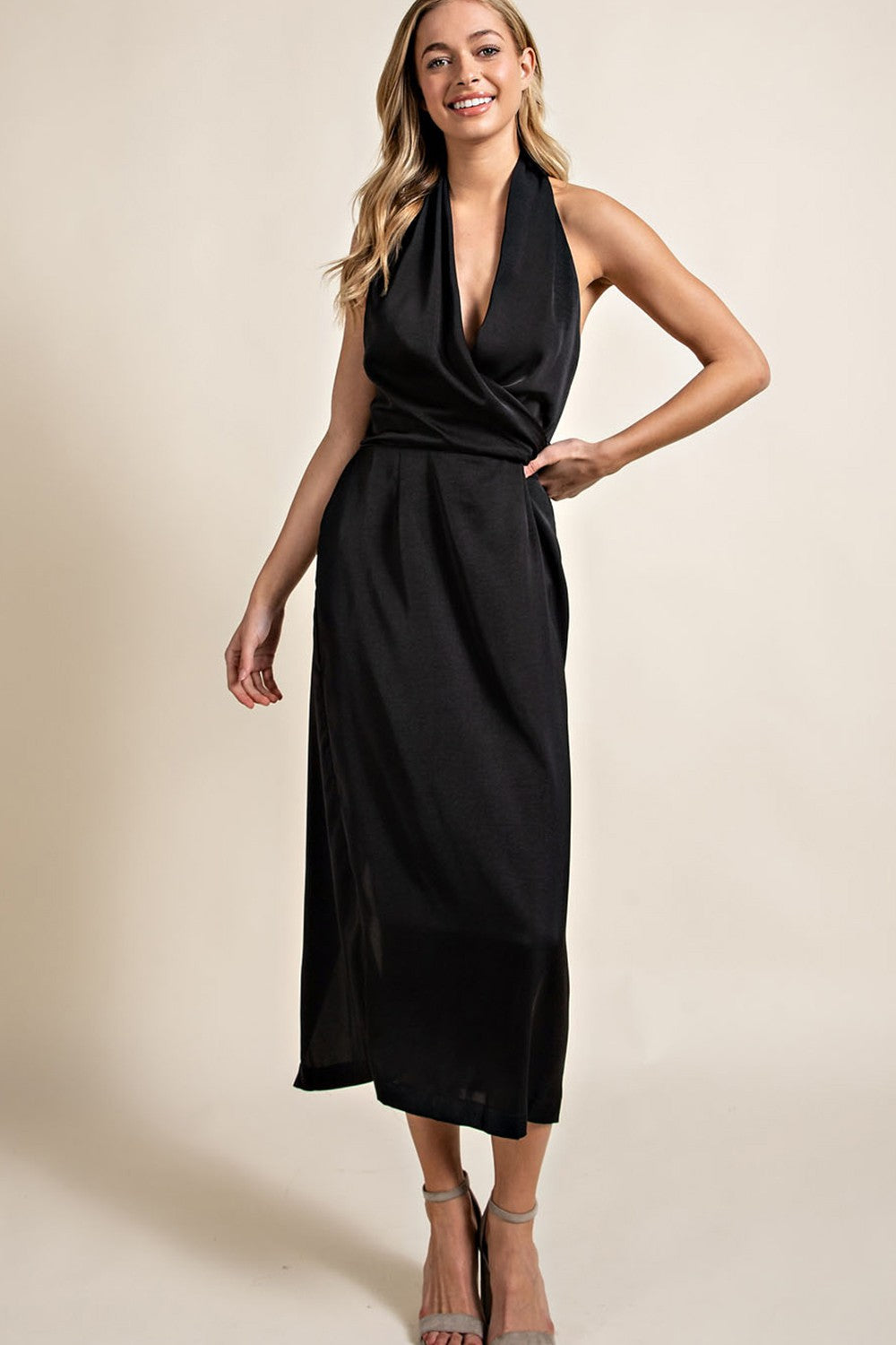 Satin Open Back Sleeveless Maxi Dress - Black