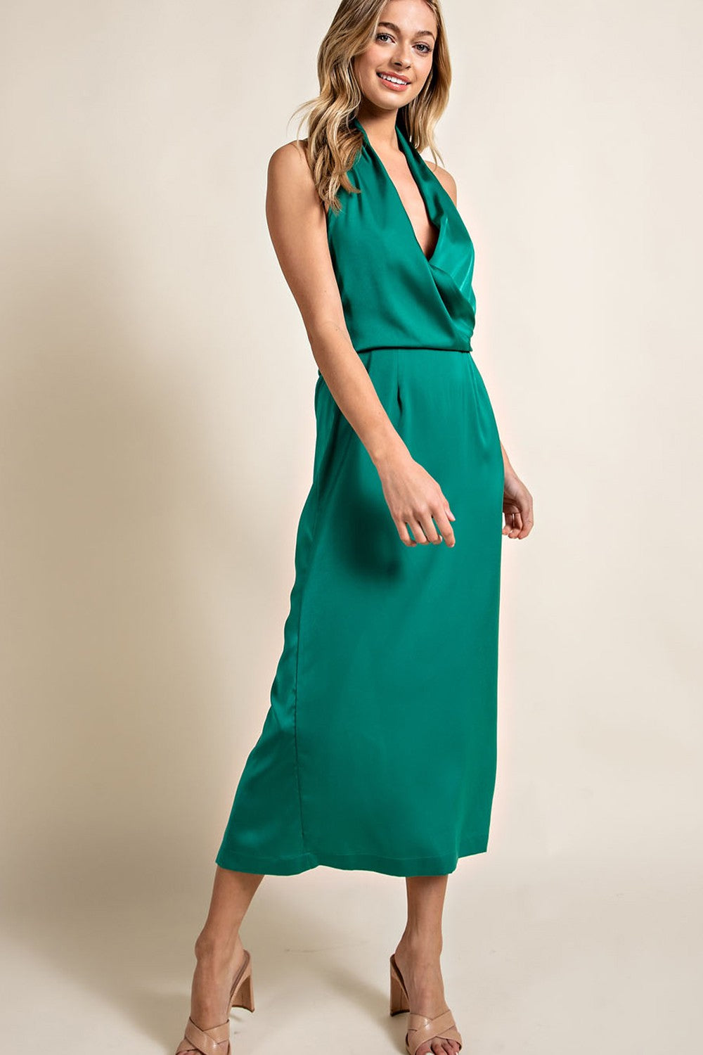 Satin Open Back Sleeveless Maxi Dress - Green