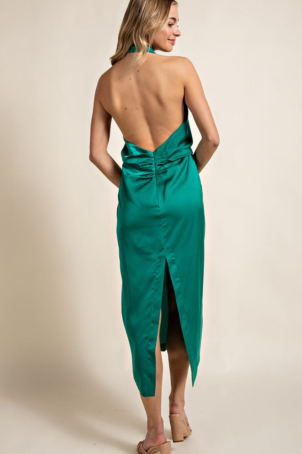 Satin Open Back Sleeveless Maxi Dress - Green