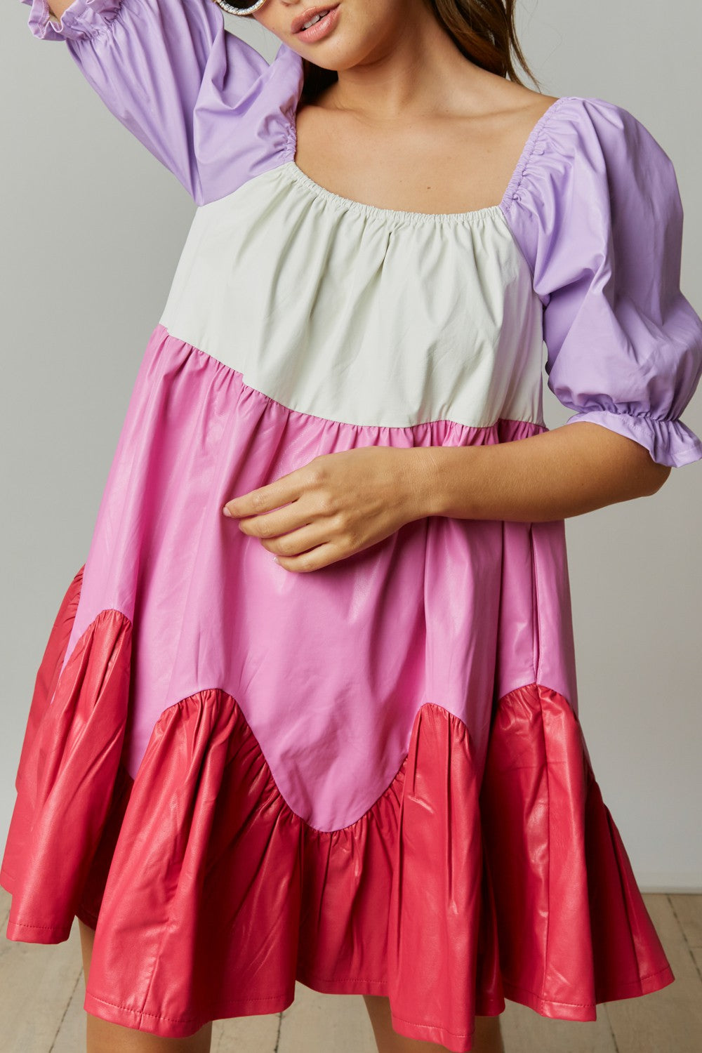 Coated Color Block Babydoll Mini Dress