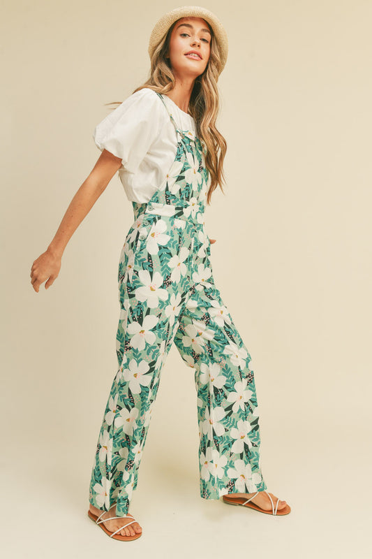 Flower Print Overalls - Mint Floral