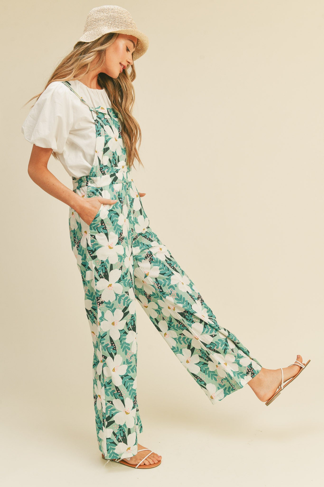 Flower Print Overalls - Mint Floral