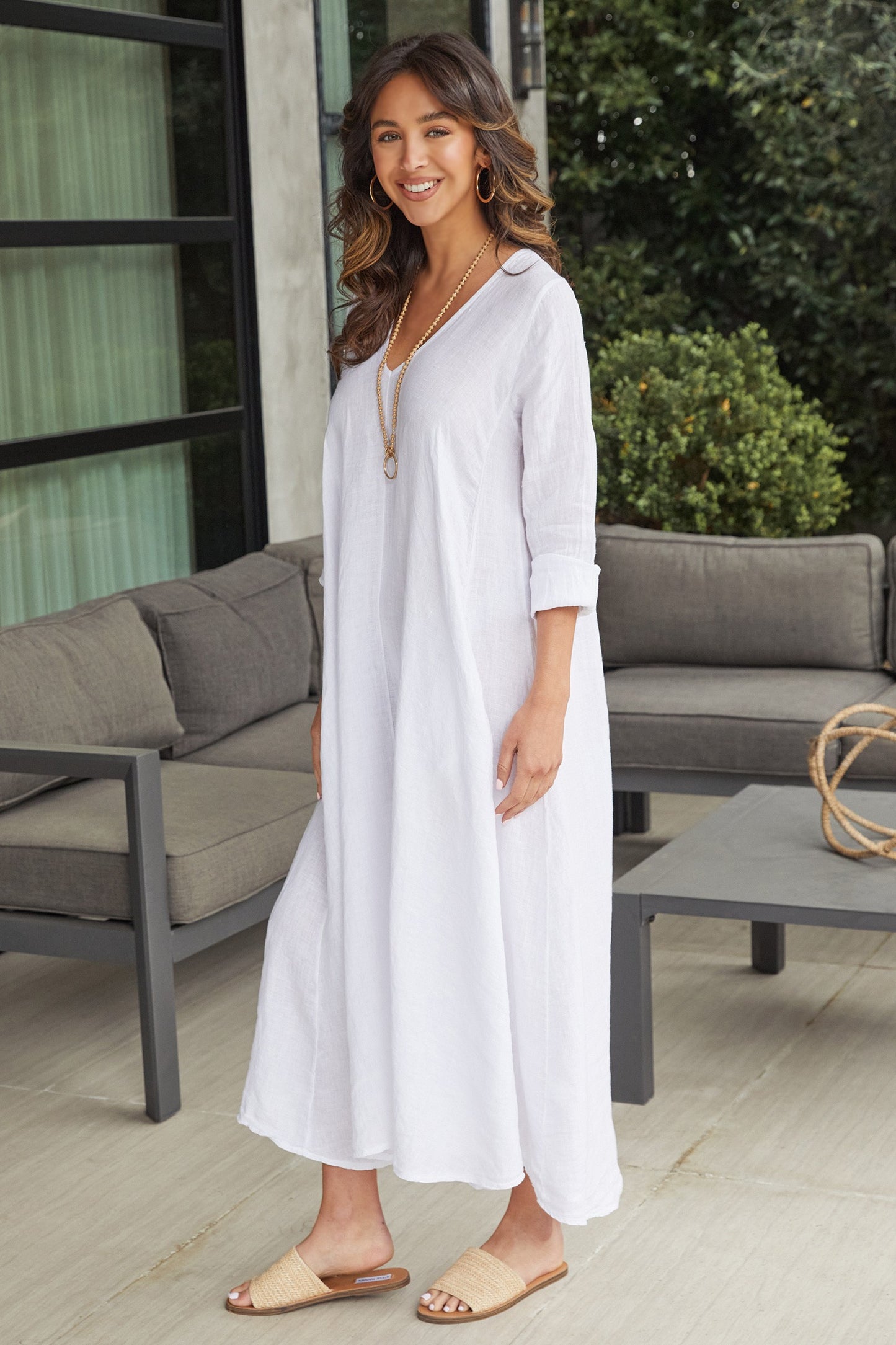 Linen Long Sleeve V-Neck Maxi Dress