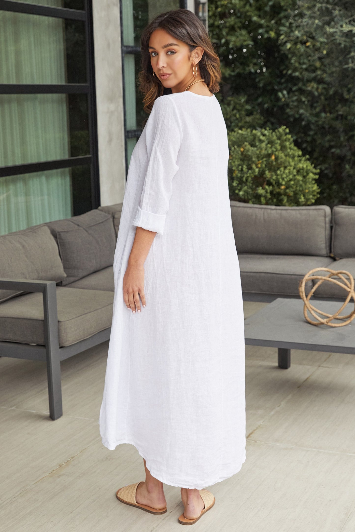 Linen Long Sleeve V-Neck Maxi Dress