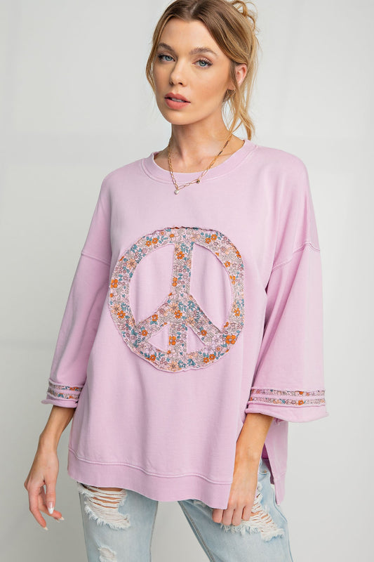 Mineral Washed Terry Floral Peace Sign Pullover - Cotton Candy