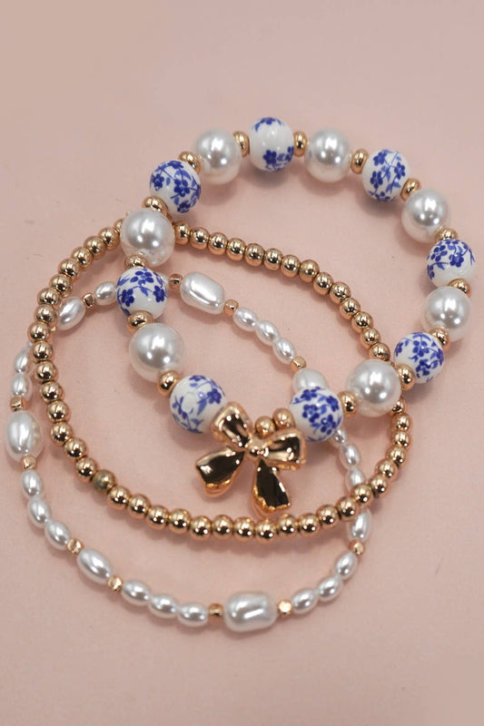 Blue Ceramic Porcelain Bow Multi Layer Bracelet Stack