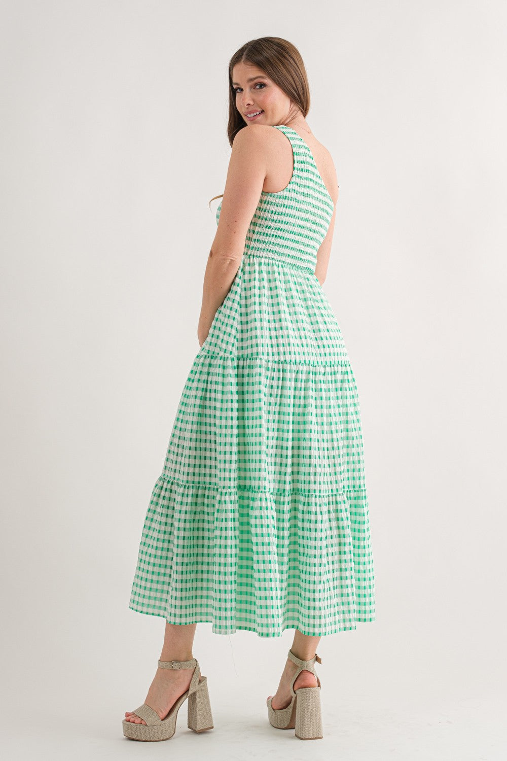 One Shoulder Gingham Tiered Midi Dress - Green