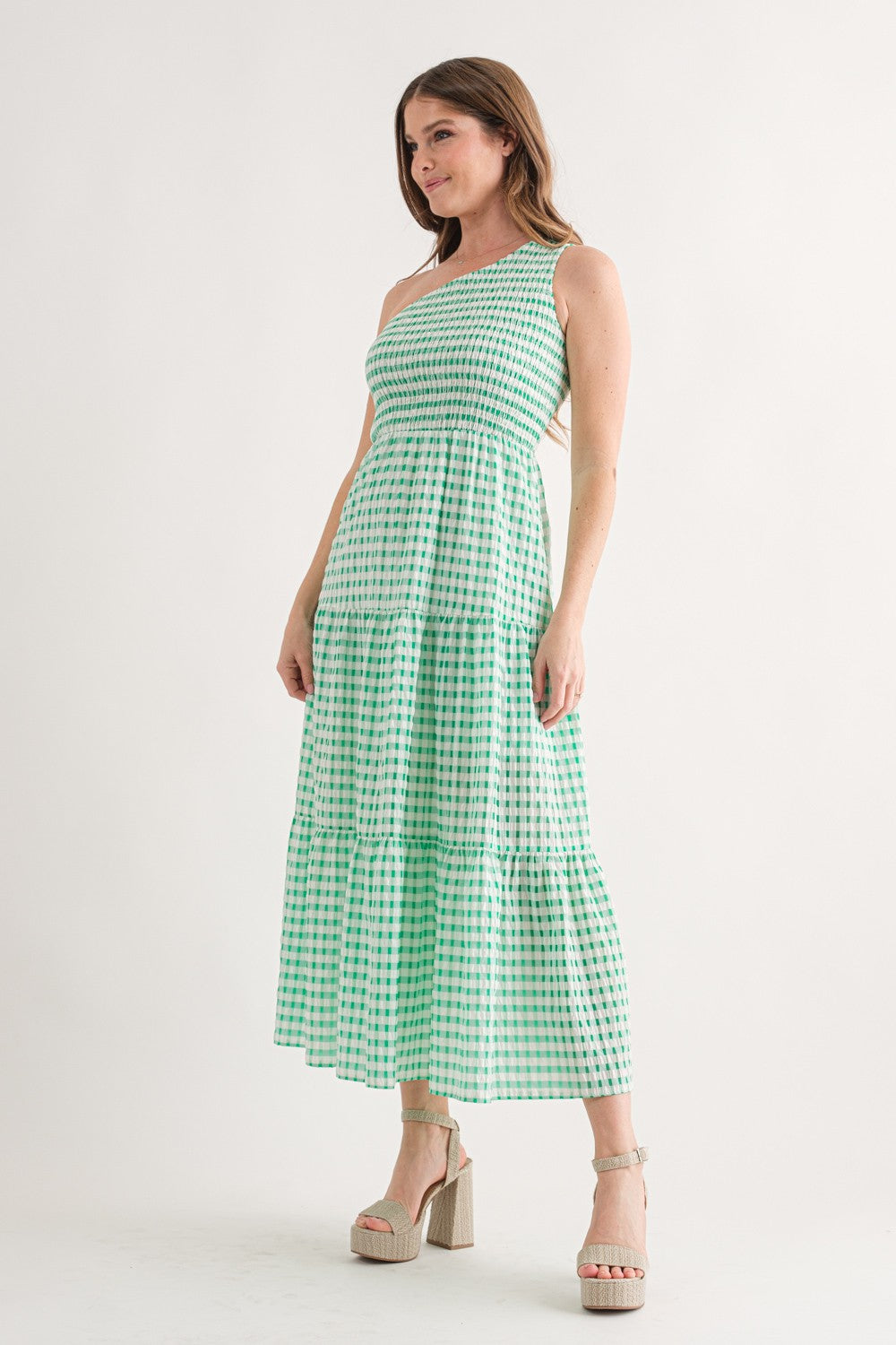 One Shoulder Gingham Tiered Midi Dress - Green