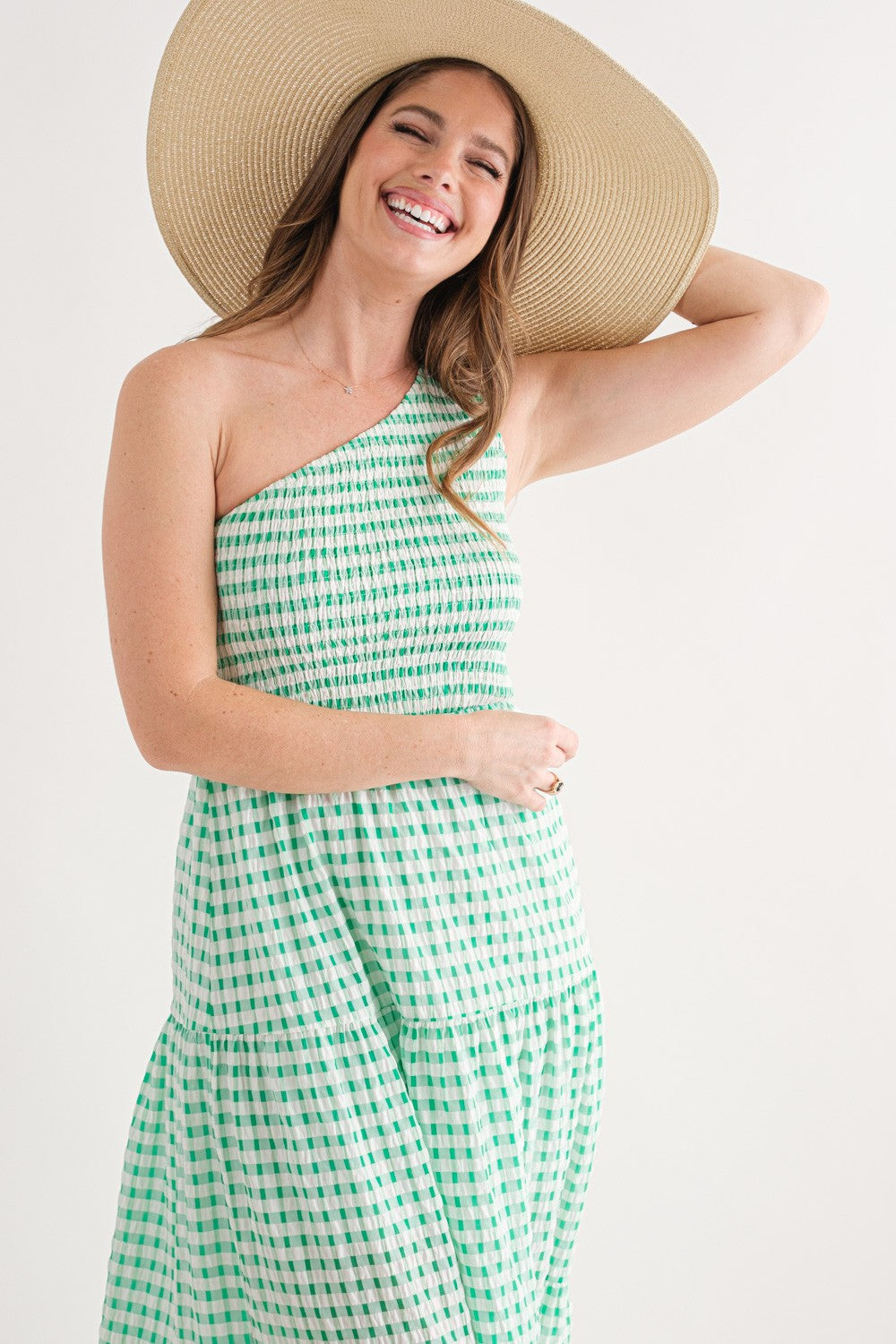 One Shoulder Gingham Tiered Midi Dress - Green