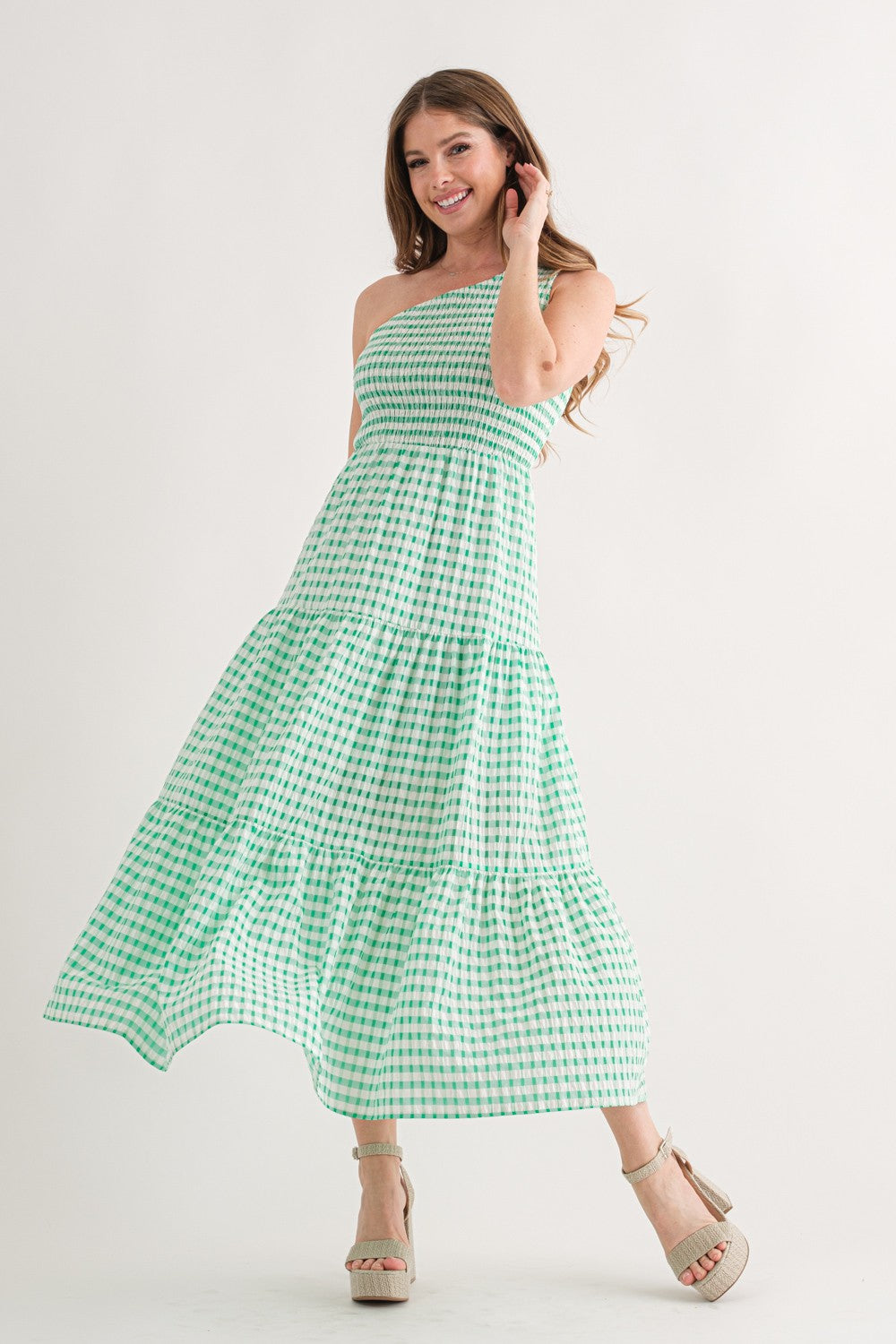 One Shoulder Gingham Tiered Midi Dress - Green