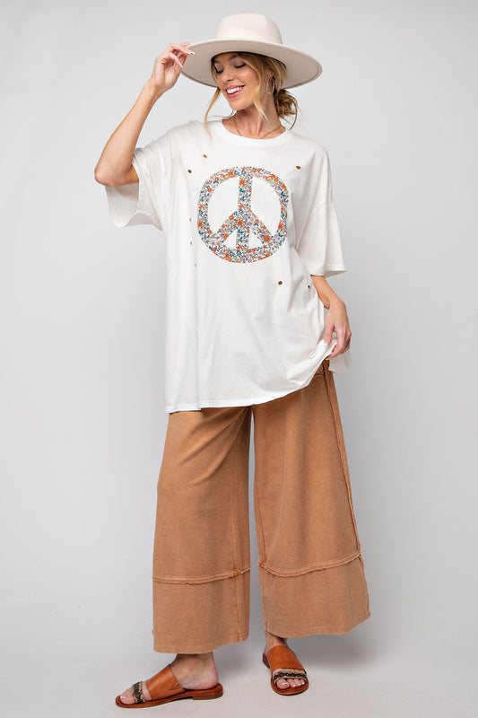Peace Sign Printed Washed Tee - White