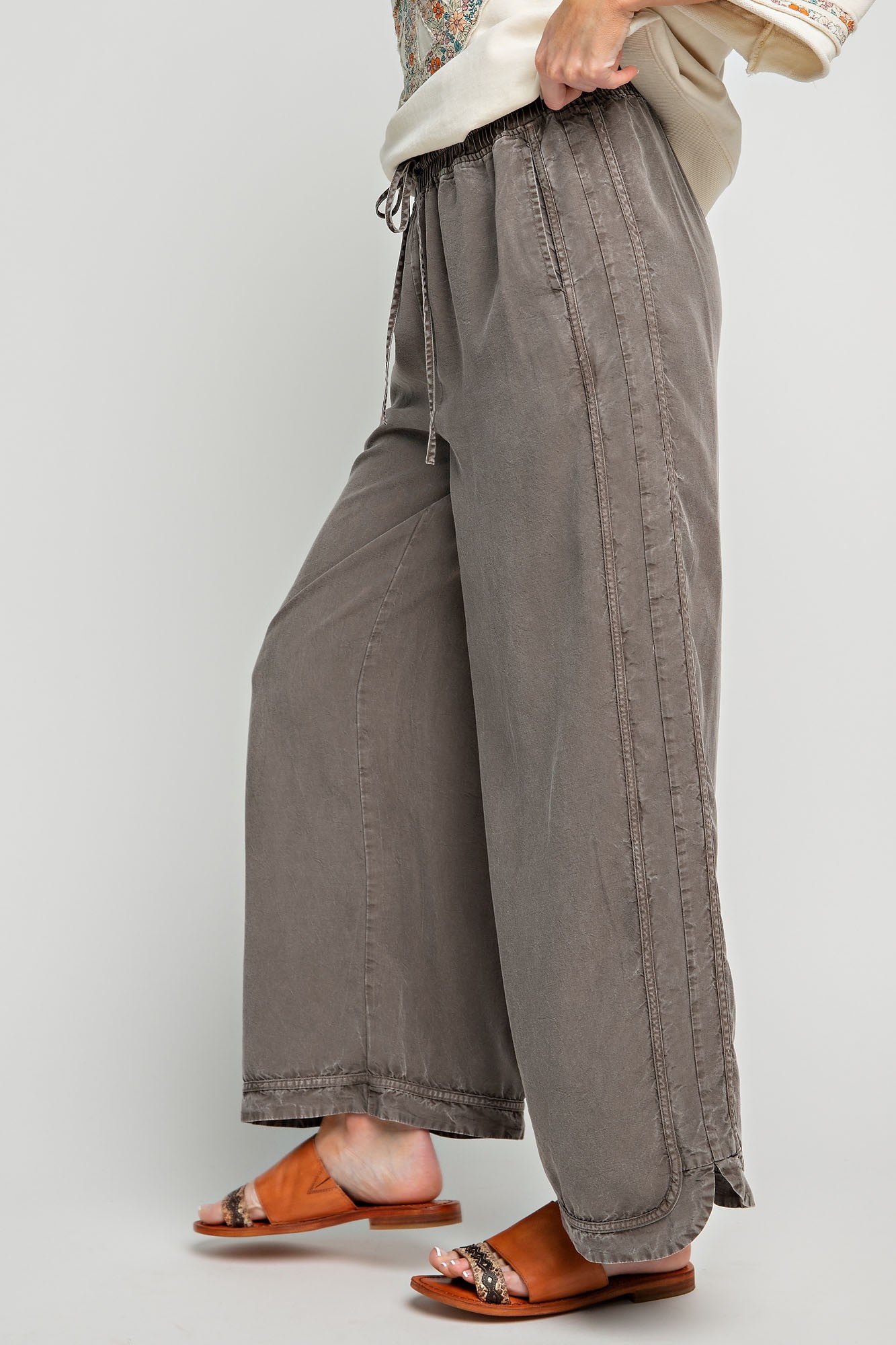 Mineral Washed Soft Twill Wide Leg Pants - Ash