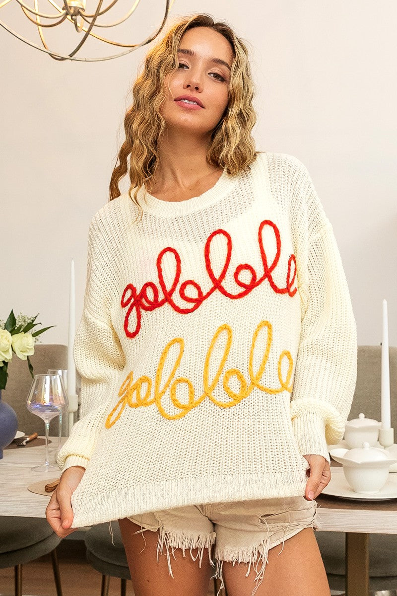 Gobble Gobble Letter Embroidery Sweater