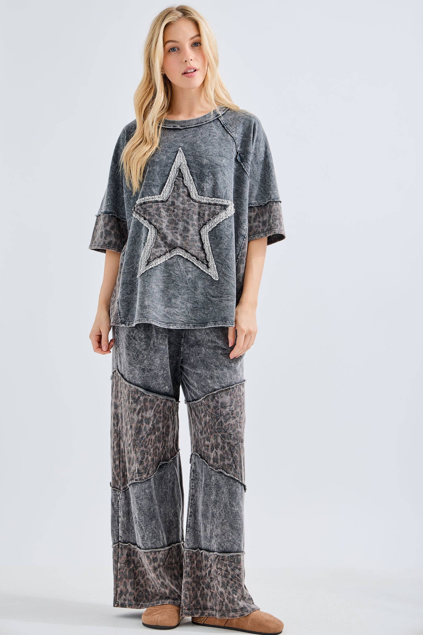 Mineral Washed Leopard Asymmetrical Tier Pants