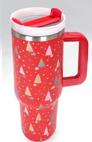 40oz Christmas Tree Stainless Steel Tumbler- Red