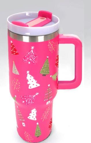 40oz Christmas Tree Stainless Steel Tumbler- Fuchsia