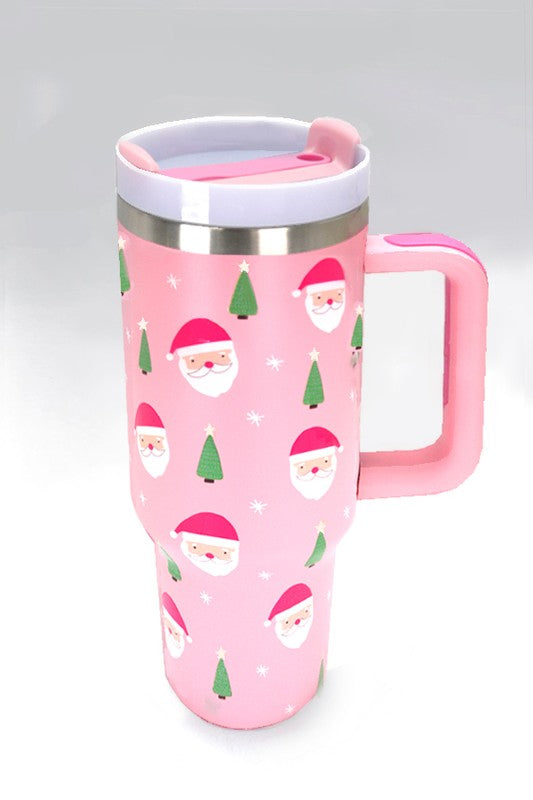 40oz Santa Stainless Steel Tumbler- Light Pink