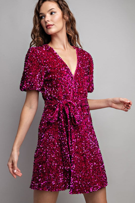 Sequin Wrap Mini Dress - Hot Pink