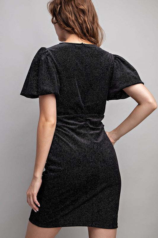 Glitter V-Neck Mini Dress - Black