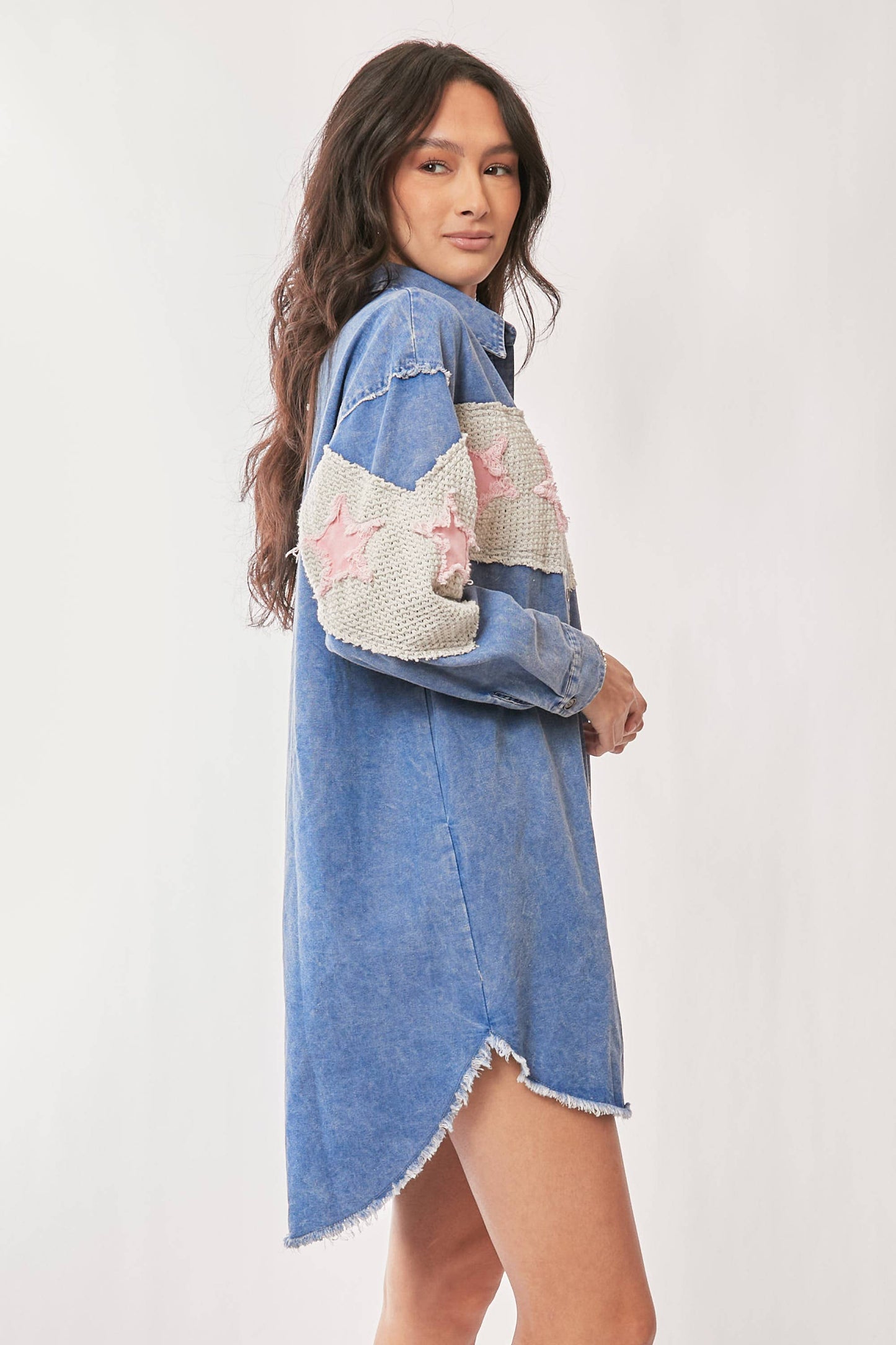 Acid Washed Denim Star Patch Shirt Dress
