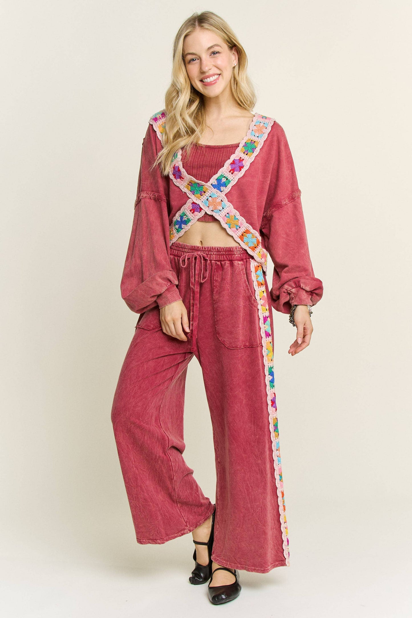 Mineral Washed Real Crochet Patch Side Trim Pant