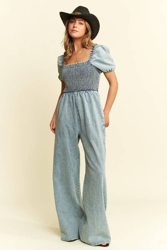 DENIM SMOCKED JUMPSUIT