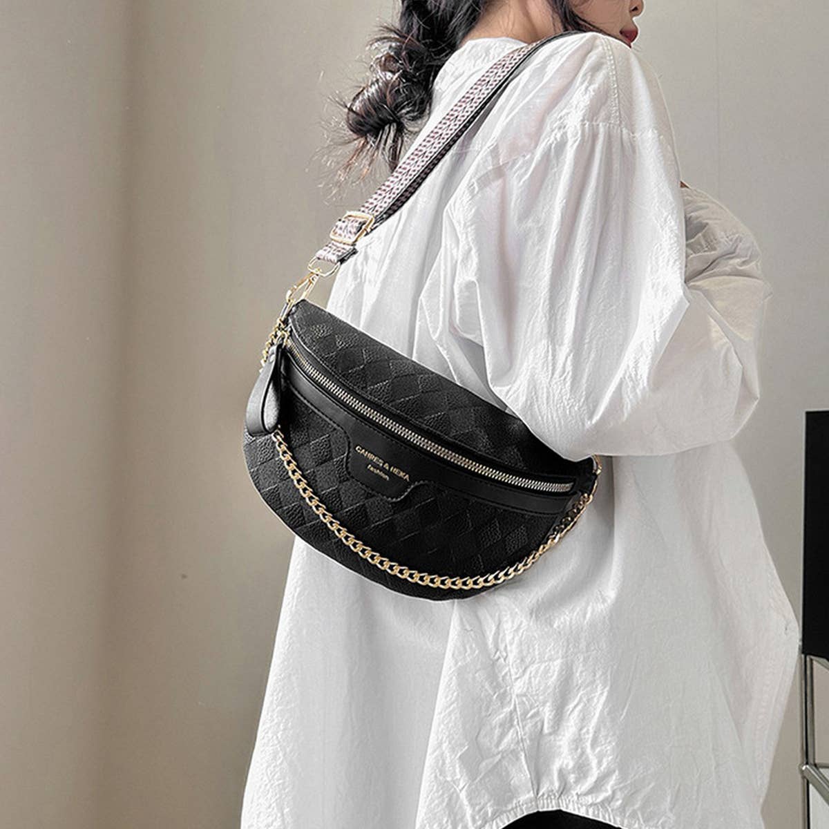Checkered Chain Strap PU Crossbody Chest Bag