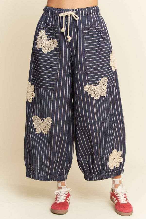 Lightweight Soft Denim Stripe Wide Barrel Pants - Denim Blue