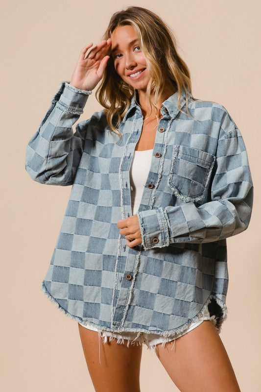 Frayed Edged Detail Washed Checker Denim Shirt