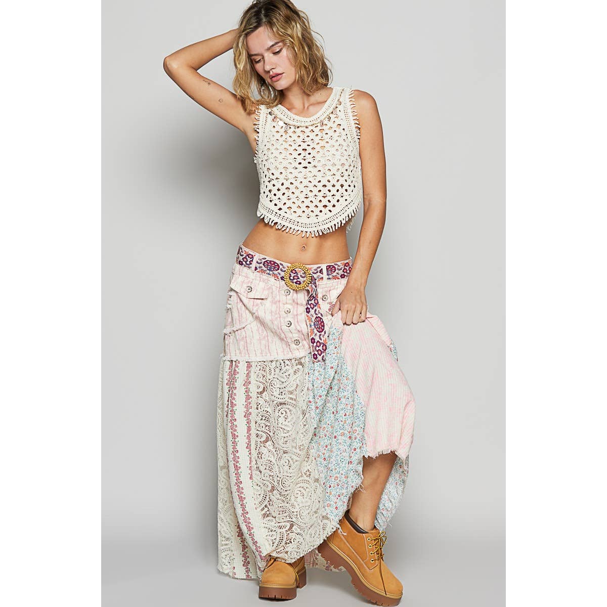 Woven Floral Print Mixed Skirt