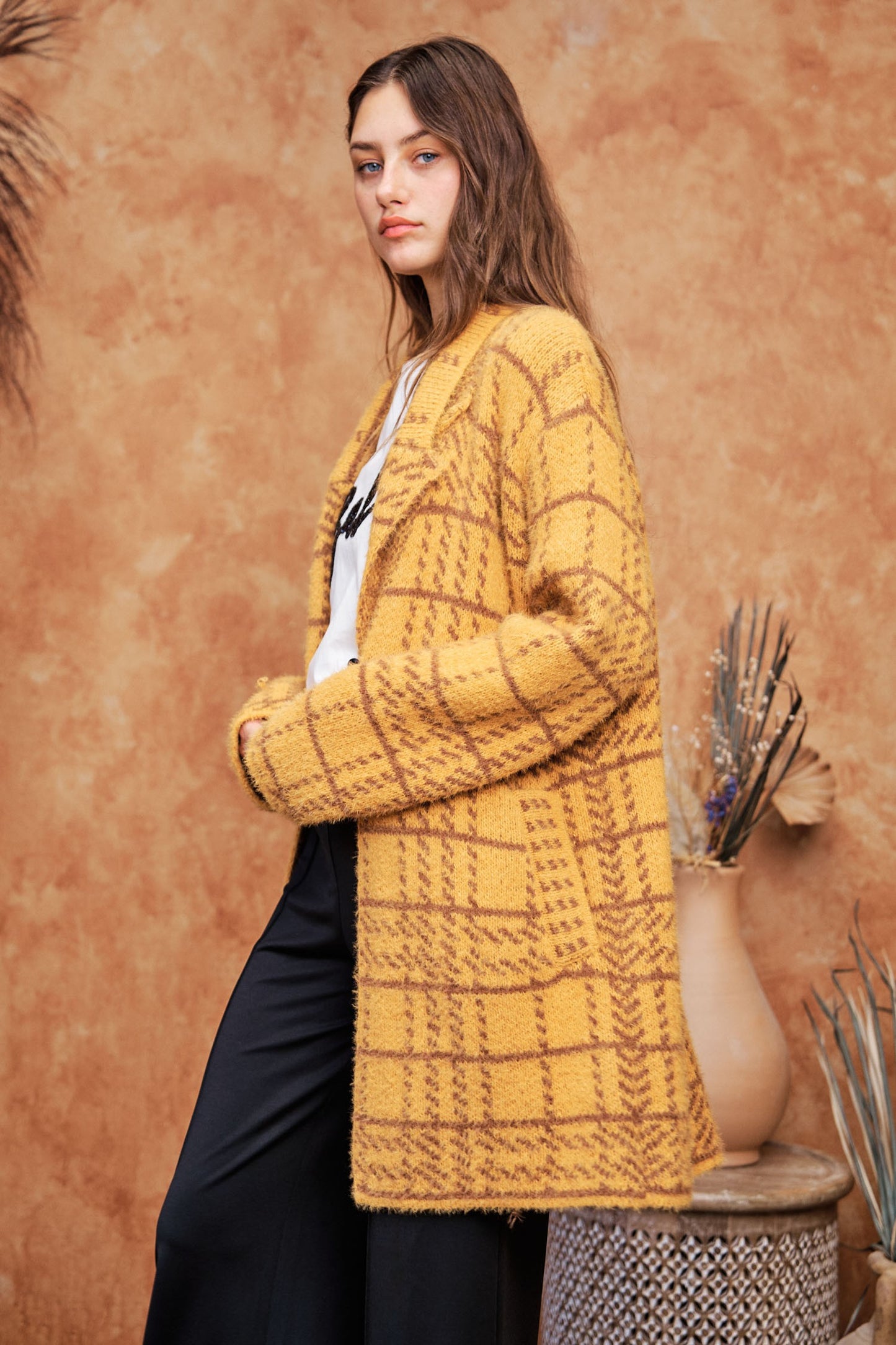 Plaid Lapel Collared Button Front Coat - Mustard/Brown