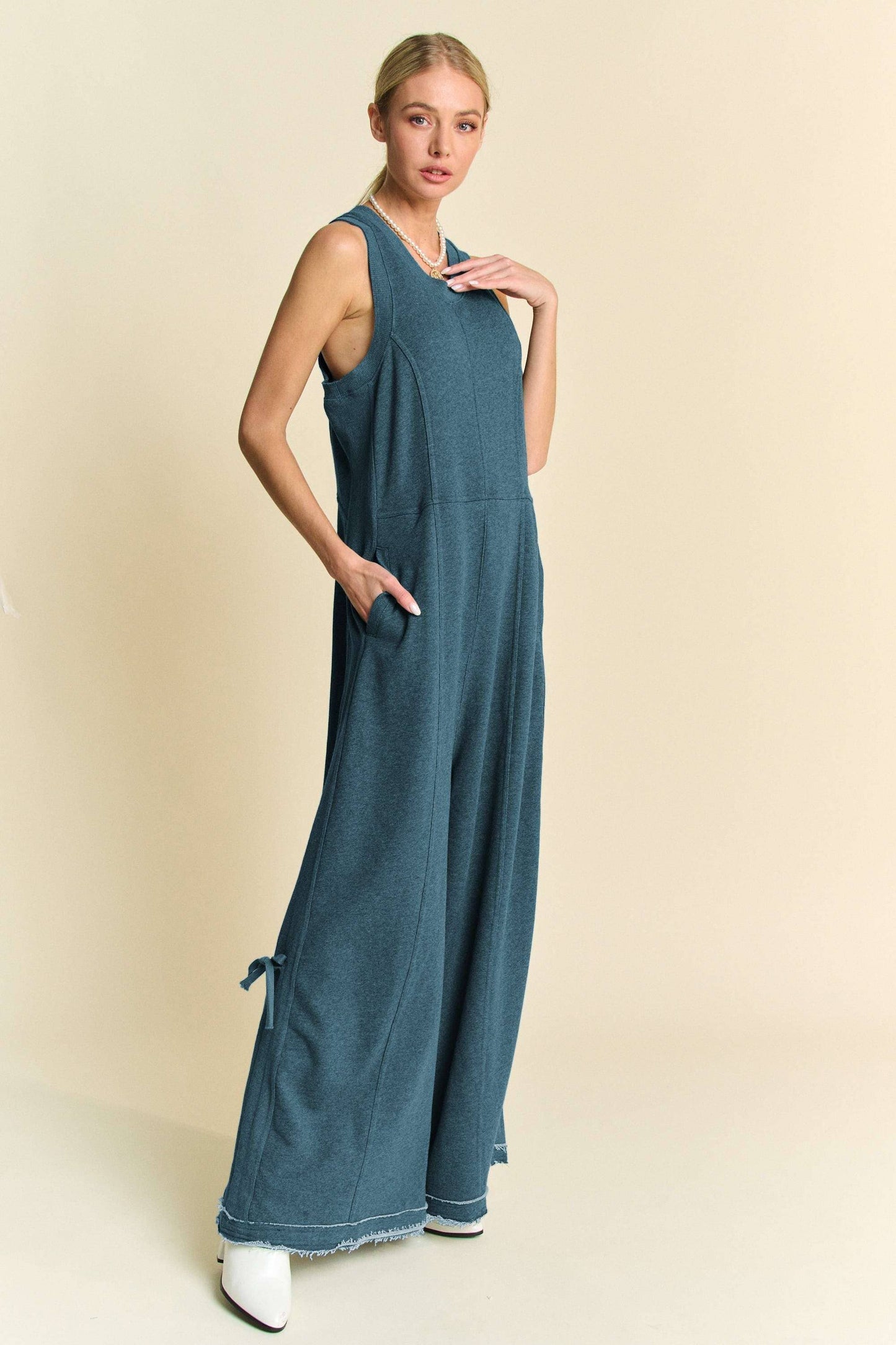 Ribbed Contrast Ruched Side Seam Jumpsuit