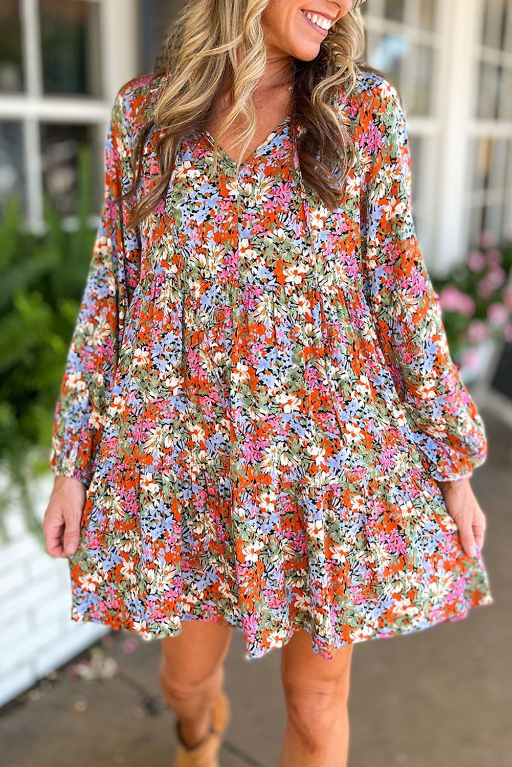 Floral Neck Tie Long Sleeve Flared Dress